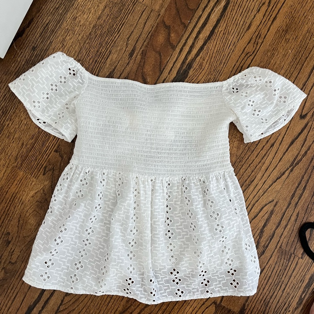 Off the shoulder eyelet tie back top white